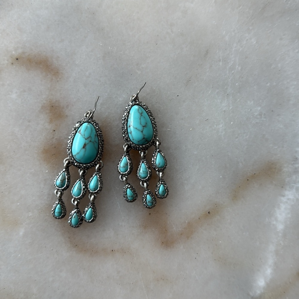Lucky Brand Turquoise Crystals Rhinestone Earrings Silver Dangle Earrings - Picture 3 of 17